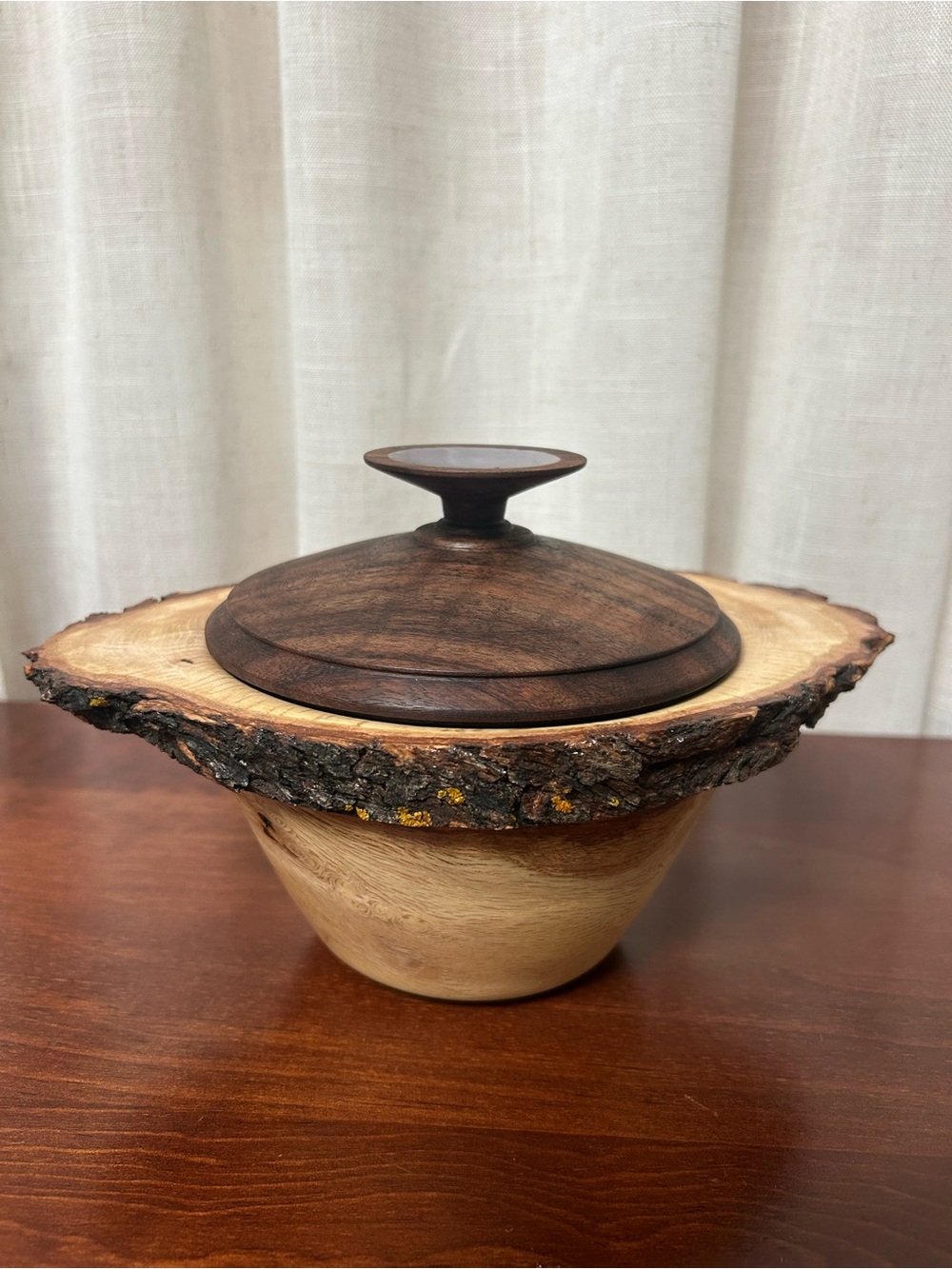 Handcrafted Oak Burl Bowl with Walnut Lid Live Edge Artisan Woodworking Decor - Picture 4 of 10